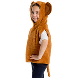 A young girl wearing a brown furry costume with large ears, smiling and posing for the camera.