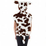 A person wearing a cow costume with a spotted pattern.