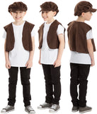 A boy wearing a brown hat and vest, along with black pants, smiling at the camera.