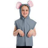 A young child wearing a gray hooded costume with pink ears, smiling and posing for the camera.