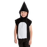Front view image of a child dressed in a Charlie Crow black and white whale orca costume.