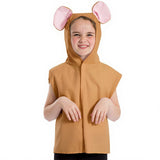 A young child wearing a brown hooded costume with pink ears, smiling and posing for the camera.