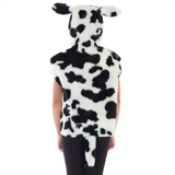 A person wearing a cow costume with a black and white spotted pattern.