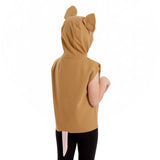A child wearing a brown hooded costume with a cat's head design.