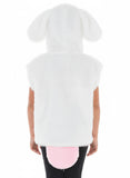 A person wearing a white bunny costume with a pink tail.