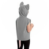 A person wearing a gray hooded top and black pants with a gray hooded top and black pants with a gray hooded top.