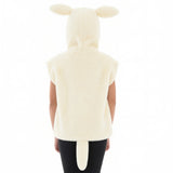 A person wearing a white hooded jacket with large ears, resembling a lamb or a similar animal.