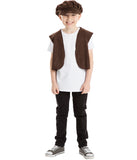 A young boy wearing a brown hat, white shirt, and black pants, smiling and standing against a white background.