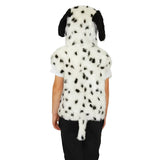 A person wearing a dalmation costume with a white fur pattern and black spots.