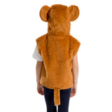 A person wearing a brown bear costume with large ears and a hood.