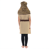 A person wearing a beige robe and a striped hat stands facing away from the camera.