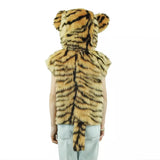 A person wearing a tiger costume, including a tiger head and tail, stands facing away from the camera.
