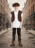 A young boy wearing a brown hat and vest stands on a cobblestone street, smiling and looking directly at the camera.