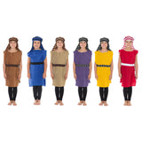 A group of six children wearing colorful costumes, including brown, blue, yellow, purple, and red.
